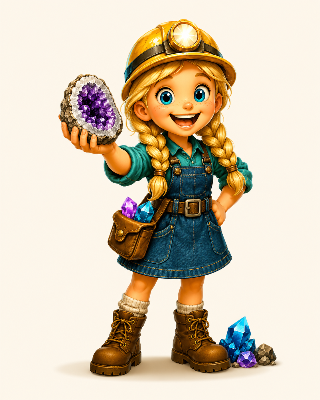 Bria, the Little Miner, in a mining helmet holding an amethyst geode